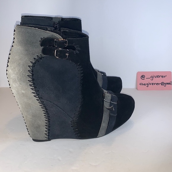 Restricted Suede Black & Blue Patchwork Wedge Buckle Booties - Picture 8 of 16